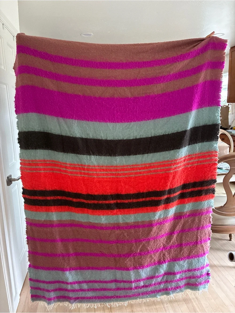 Anthropologie Fuzzy Striped Throw in Hot Pink and Aqua Whimsy Boho